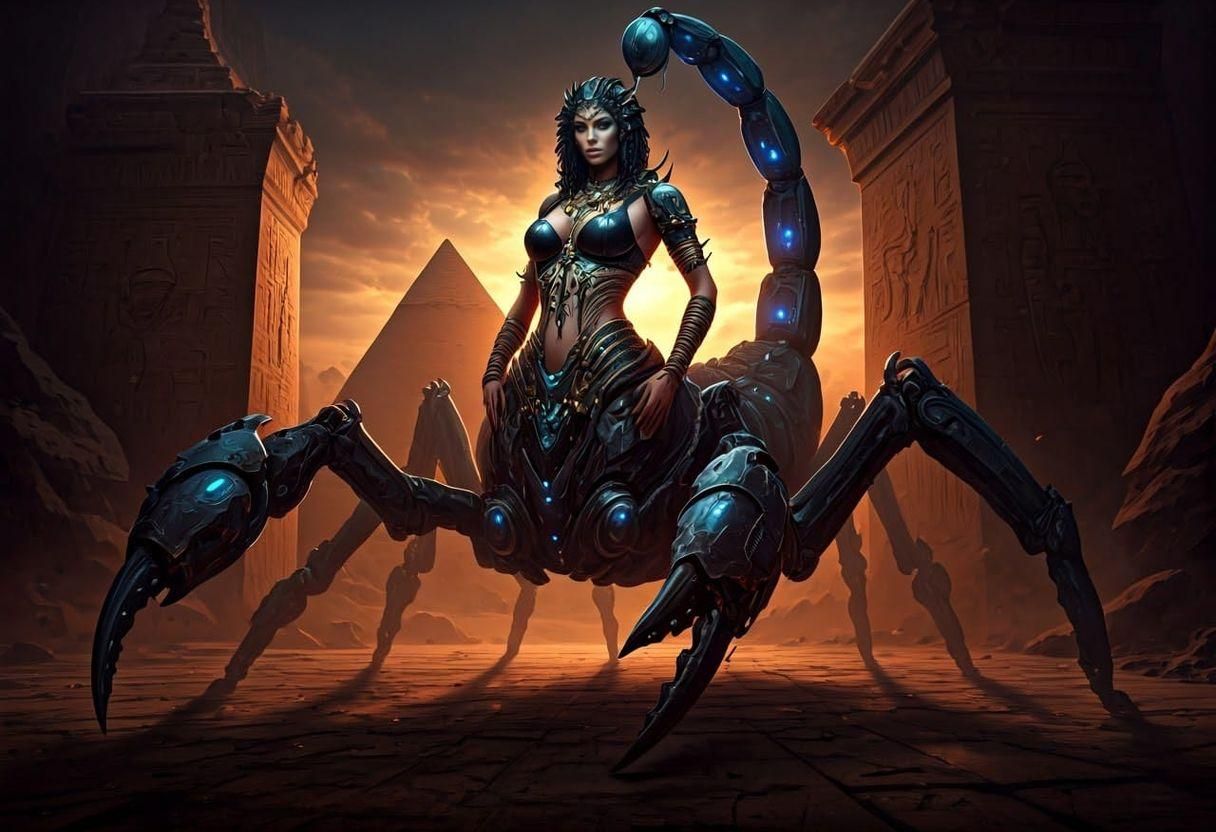 Dark Fantasy Cyborg Scorpion Goddess in Pyramid Temple