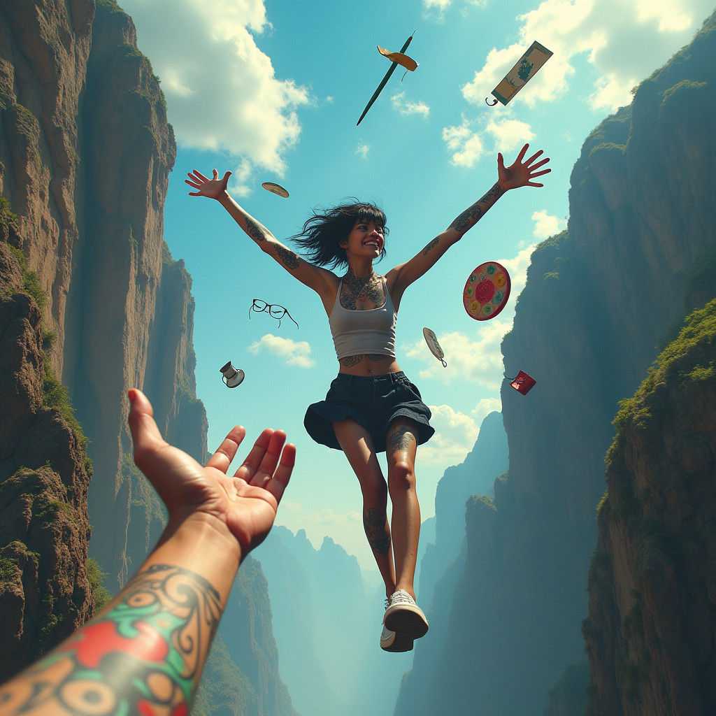 Surreal Tattooed Emo Girl in Free Fall with Vibrant Colors