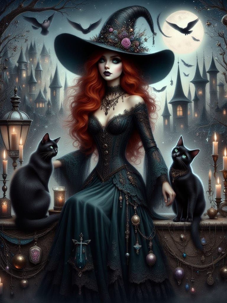 Gothic Witch in Candlelit Cityscape