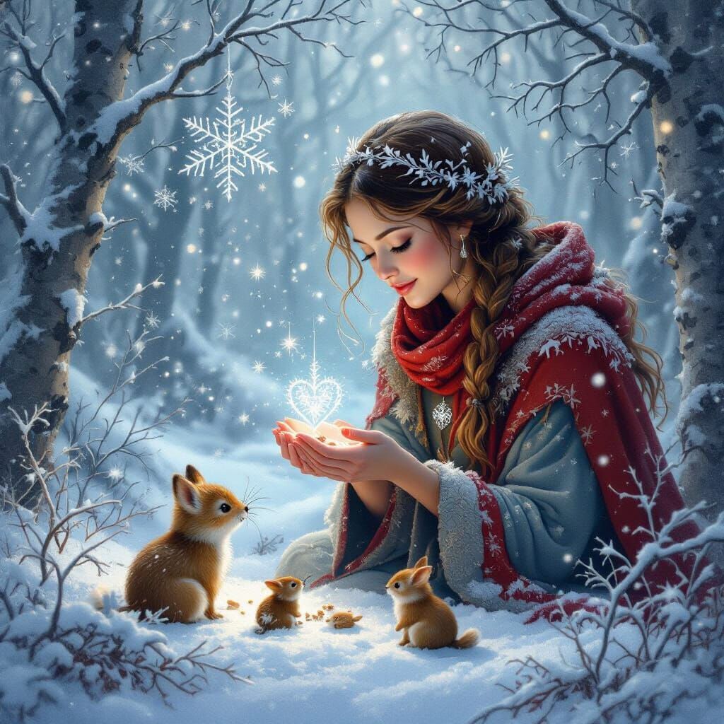 Forest Caretaker Anna Feeds Animals in Snowy Woods