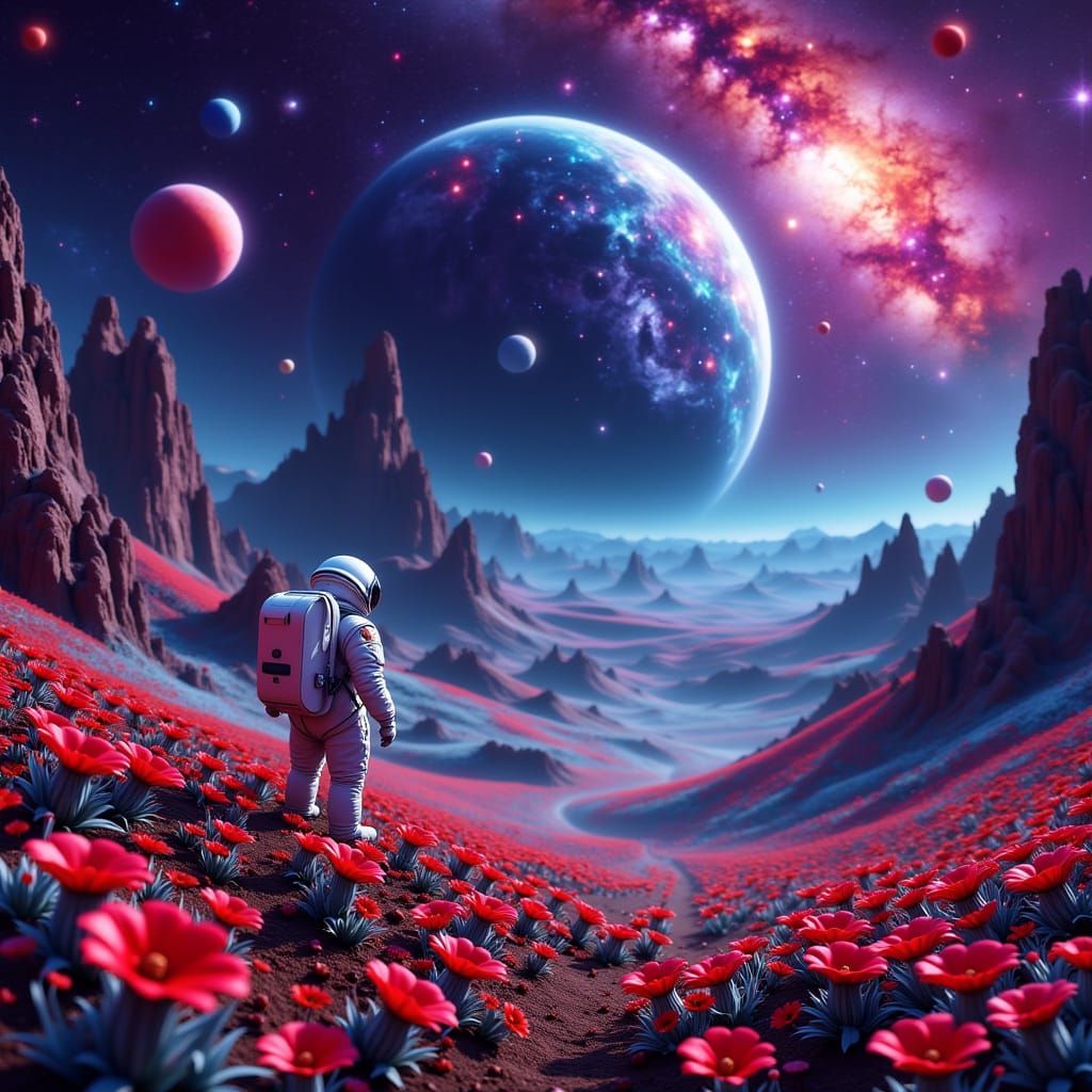 Astronaut Contemplates Exotic Alien Bloom in Cosmic Landscap...