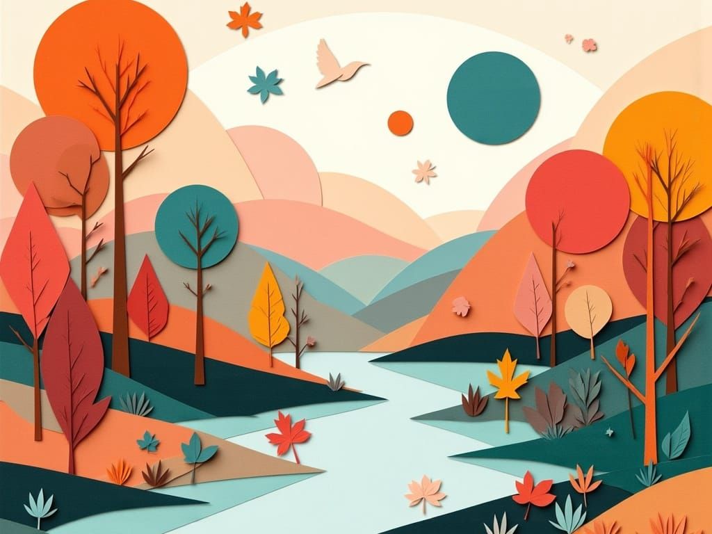 Serene Autumn Landscape in Vibrant Mosaic Style
