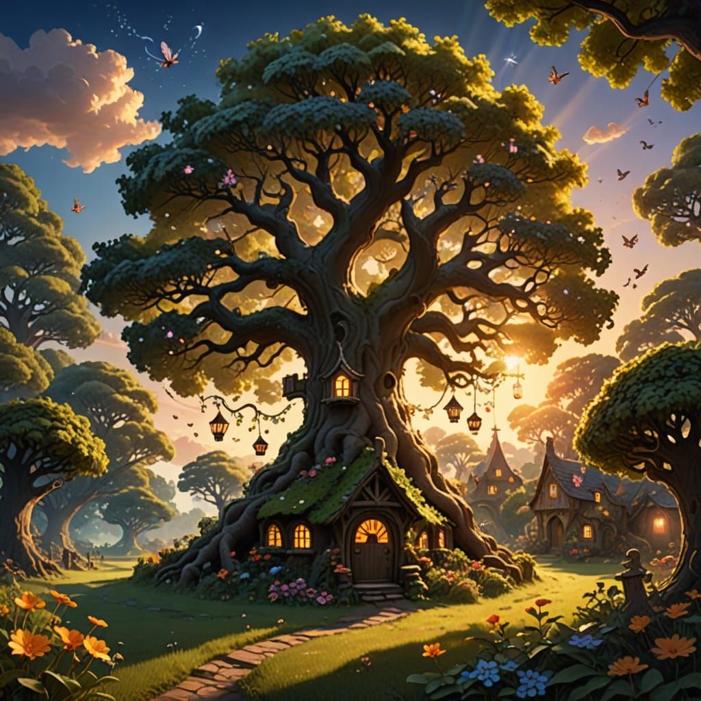 Whimsical Oak Tree Enchanted by Sunset and Fairy Village