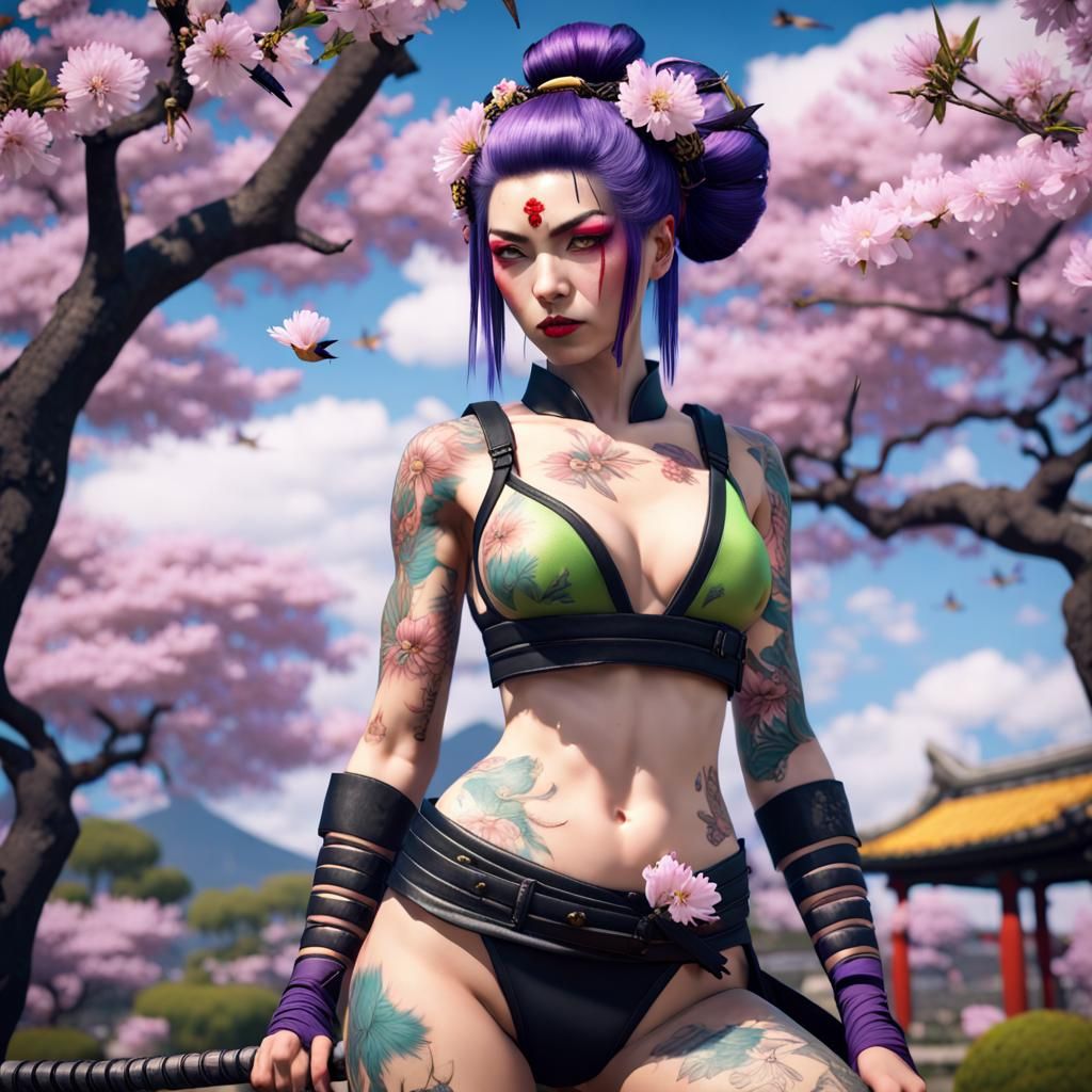 Punk Geisha Warrior in a Cherry Garden, 3D Render
