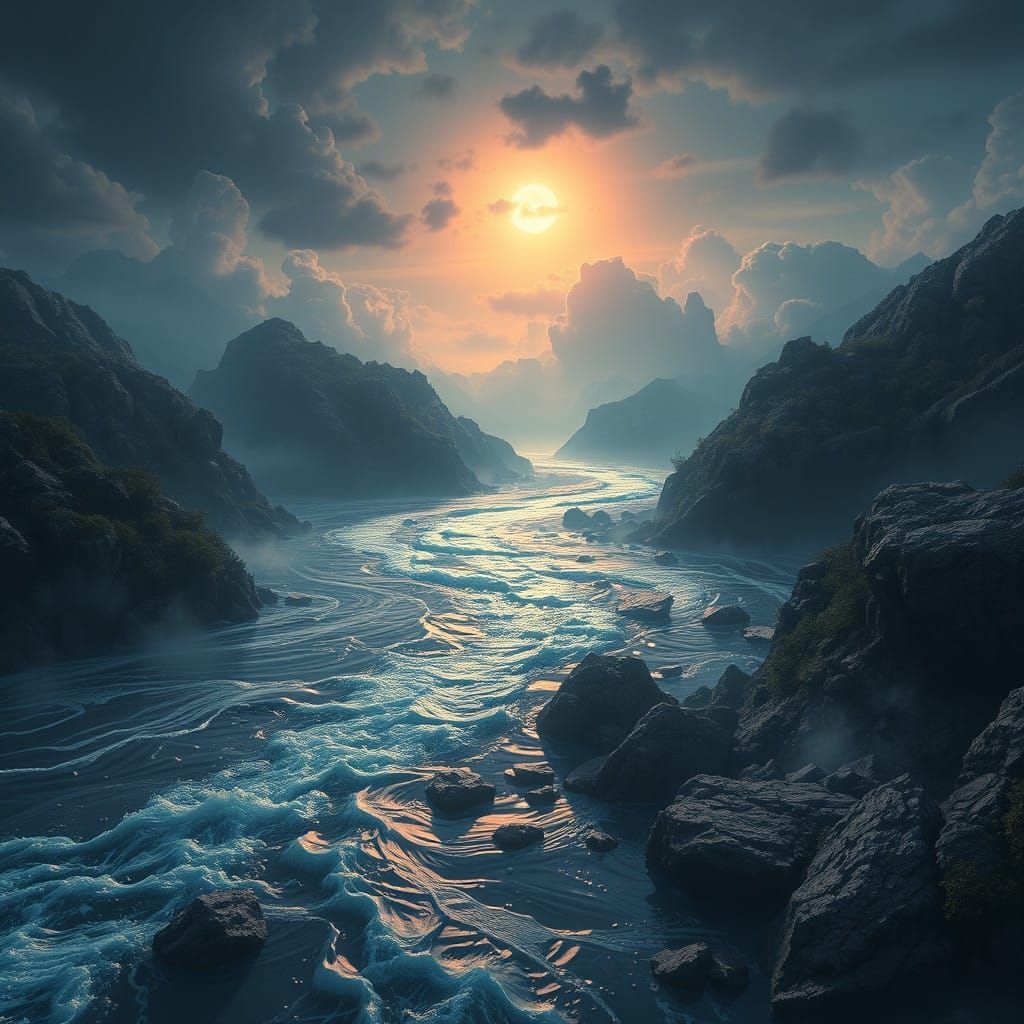 River Disappearing into Distance in Detailed Matte Painting