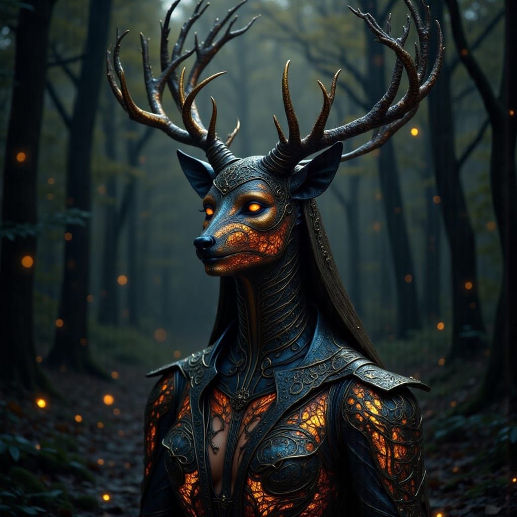 Metallic Stag-Human Wendigo in Mystical Forest