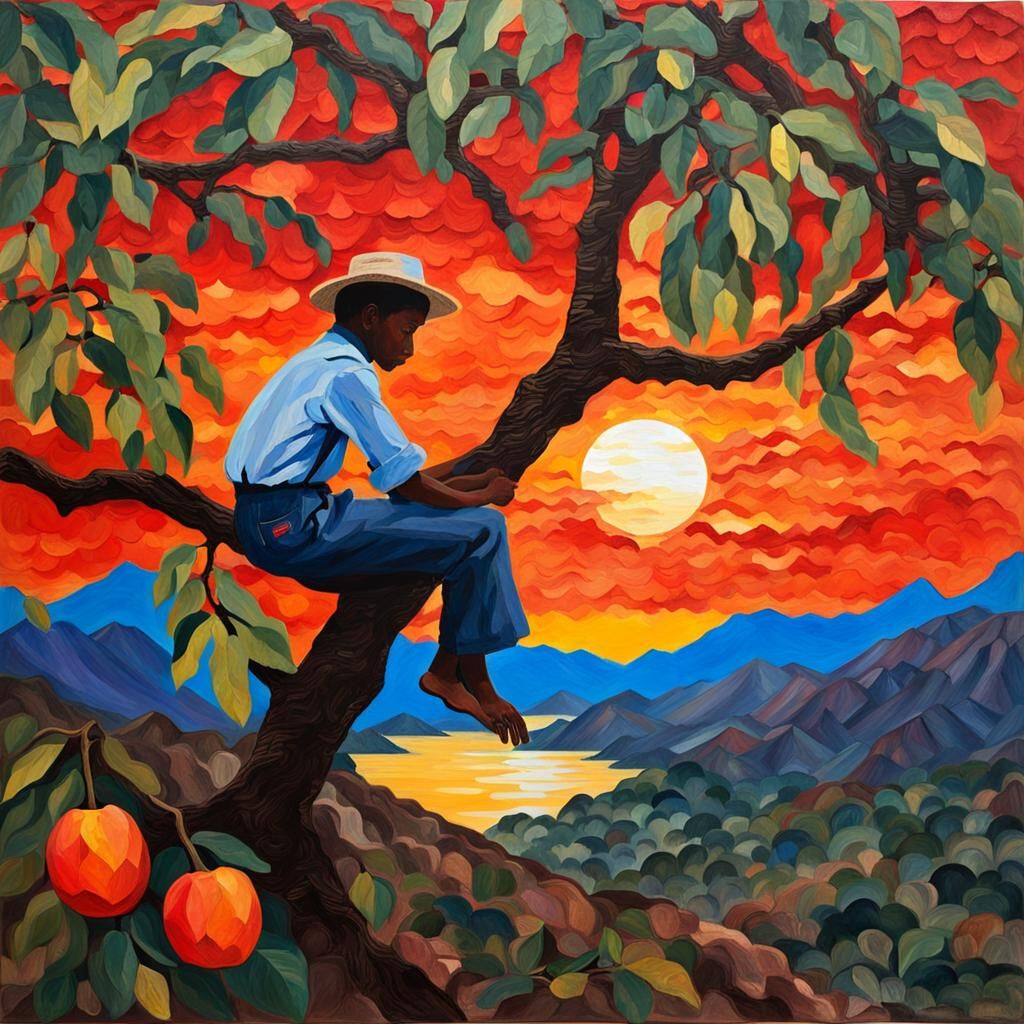 Impasto Sunset: Boy in Mango Tree Collage