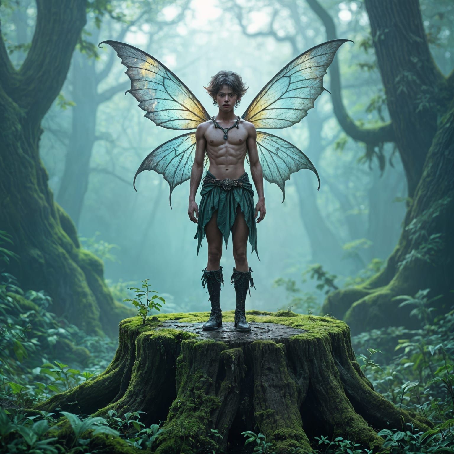 Hyperrealistic Male Fairy on Ancient Stump in Misty Forest