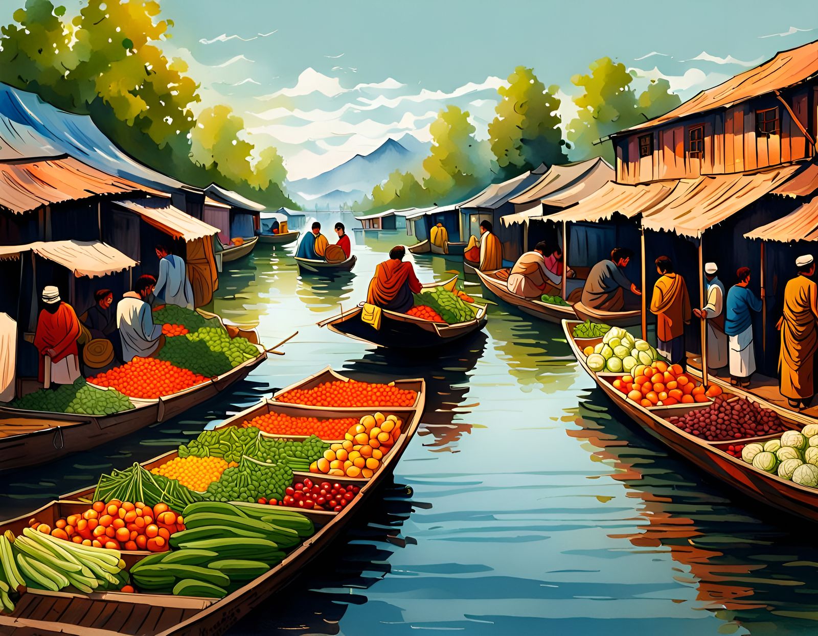 Floating Vegetable Market, Dal Lake, in Anime Art Style