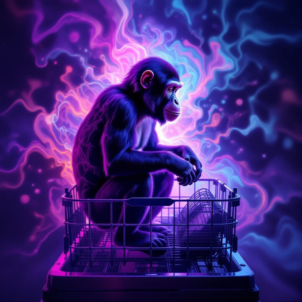 Surreal Monkey Dishwasher Double Exposure with Fractal Color...