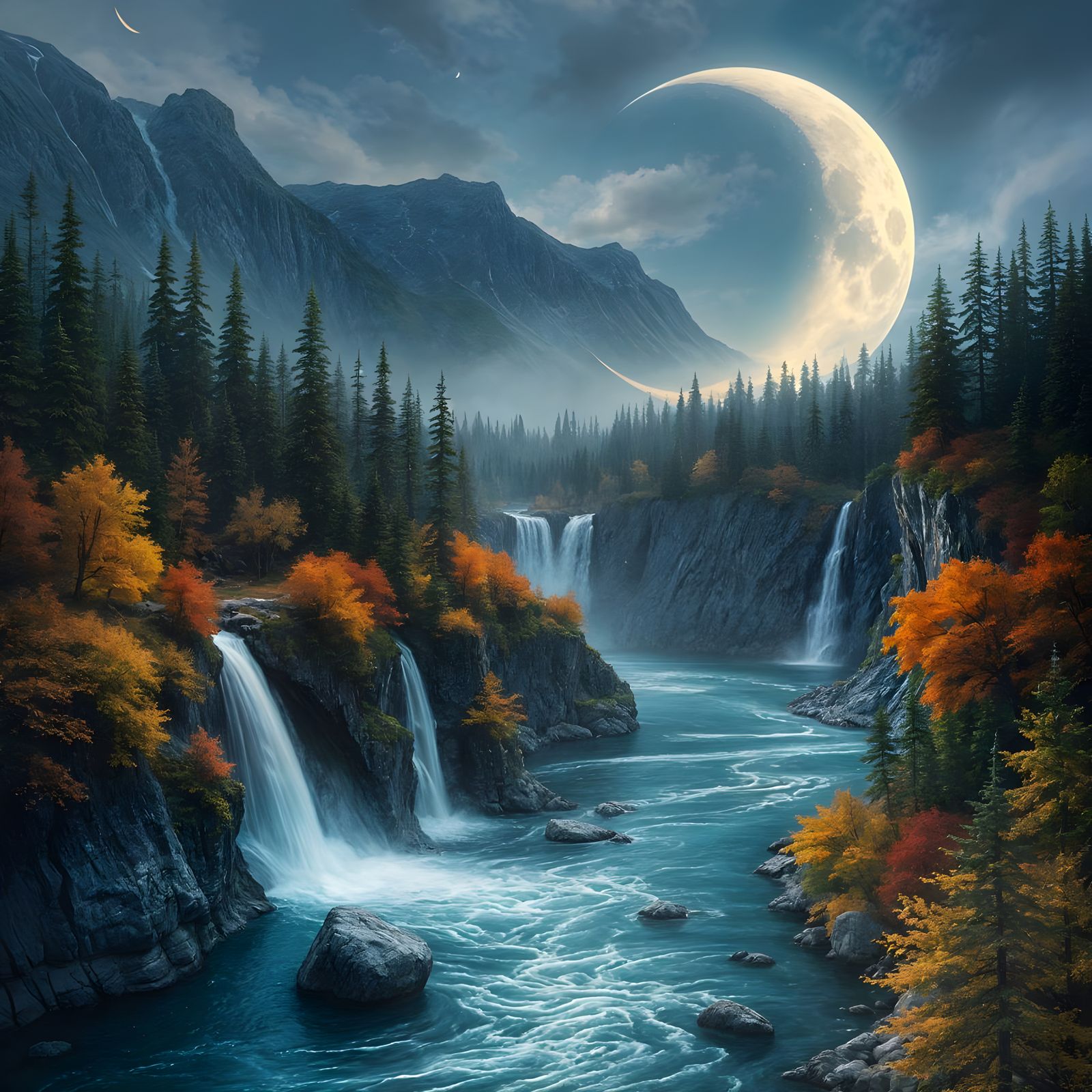 Alaskan Crescent Moon Waterfall in Bob Ross Style