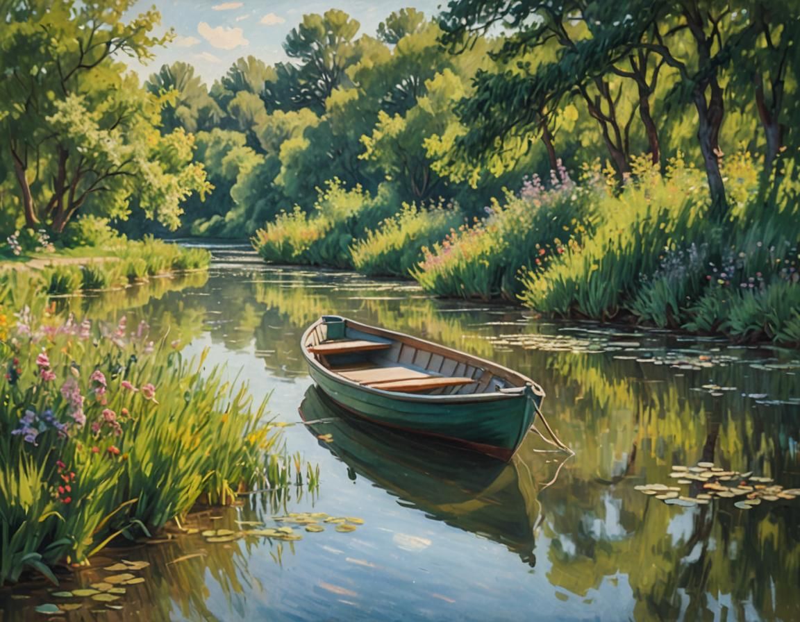 Idyllic Stream Scene in Post-Impressionist Style