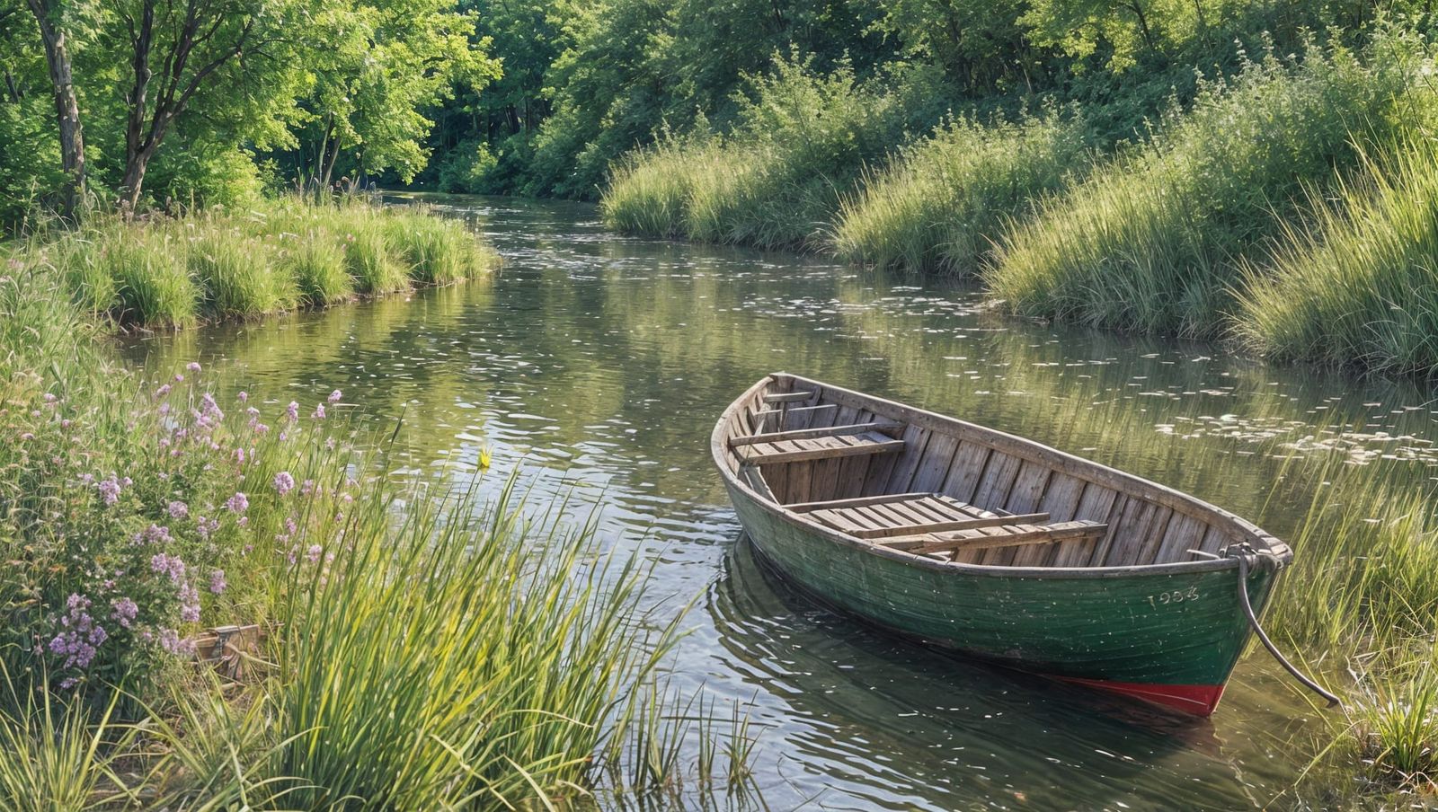 Untethered Rowboat on River: Post-Impressionist Style