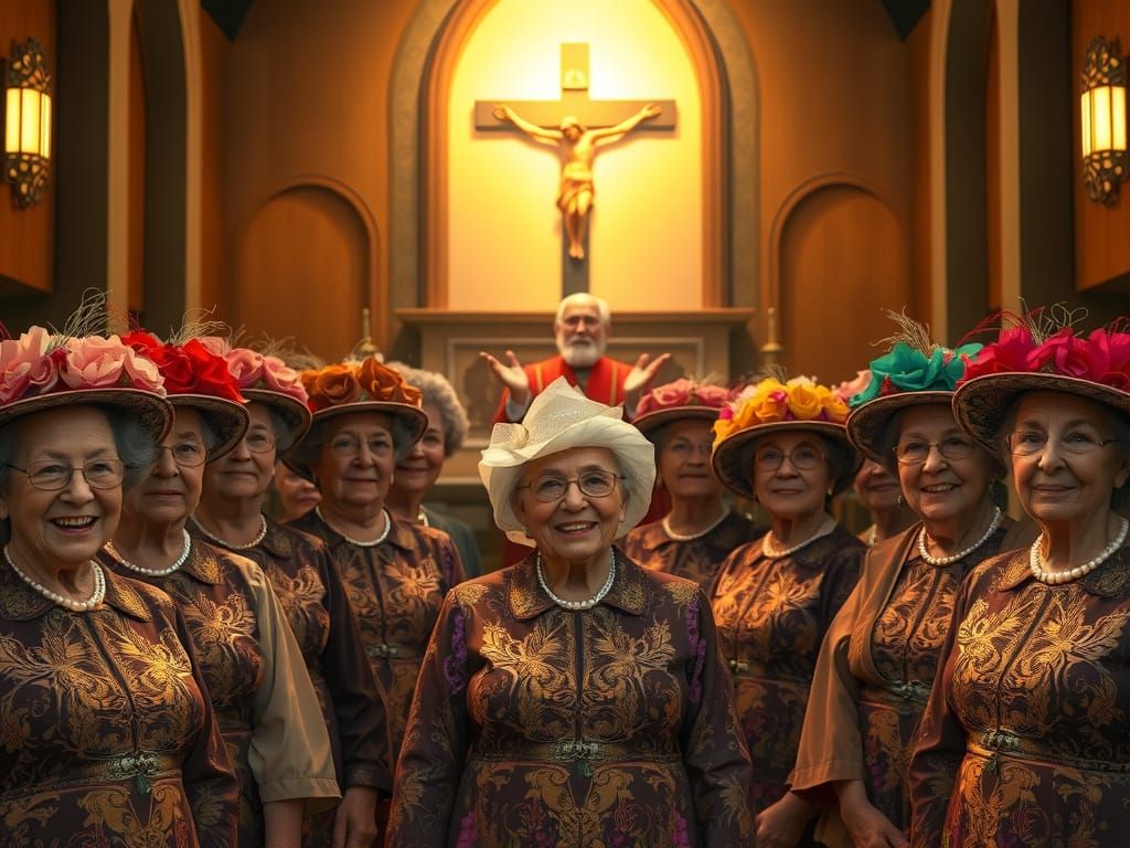 Elderly Women in Elegant Church Attire, Adorned with Vibrant...