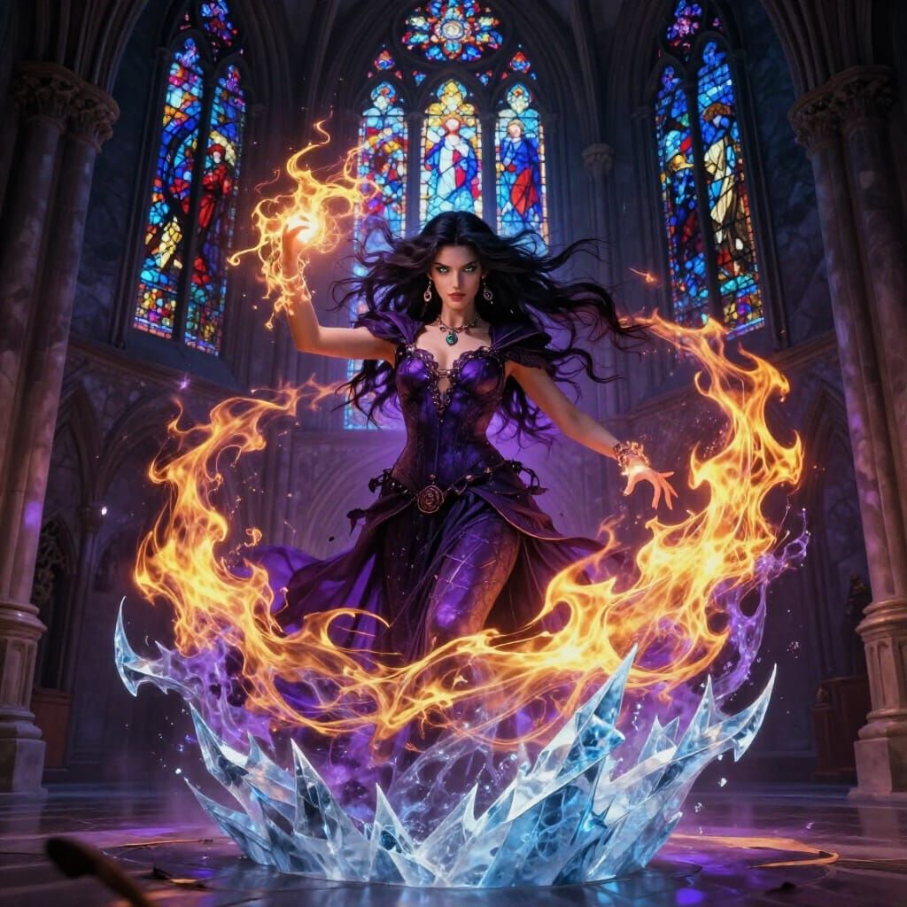 Sorceress Conjures Elemental Spell in Gothic Cathedral