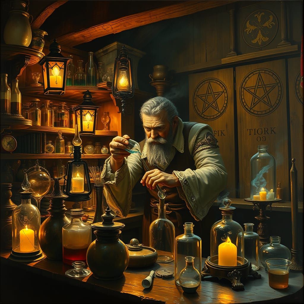Masterpiece Fantasy Alchemist in a 16th Century Laboratory