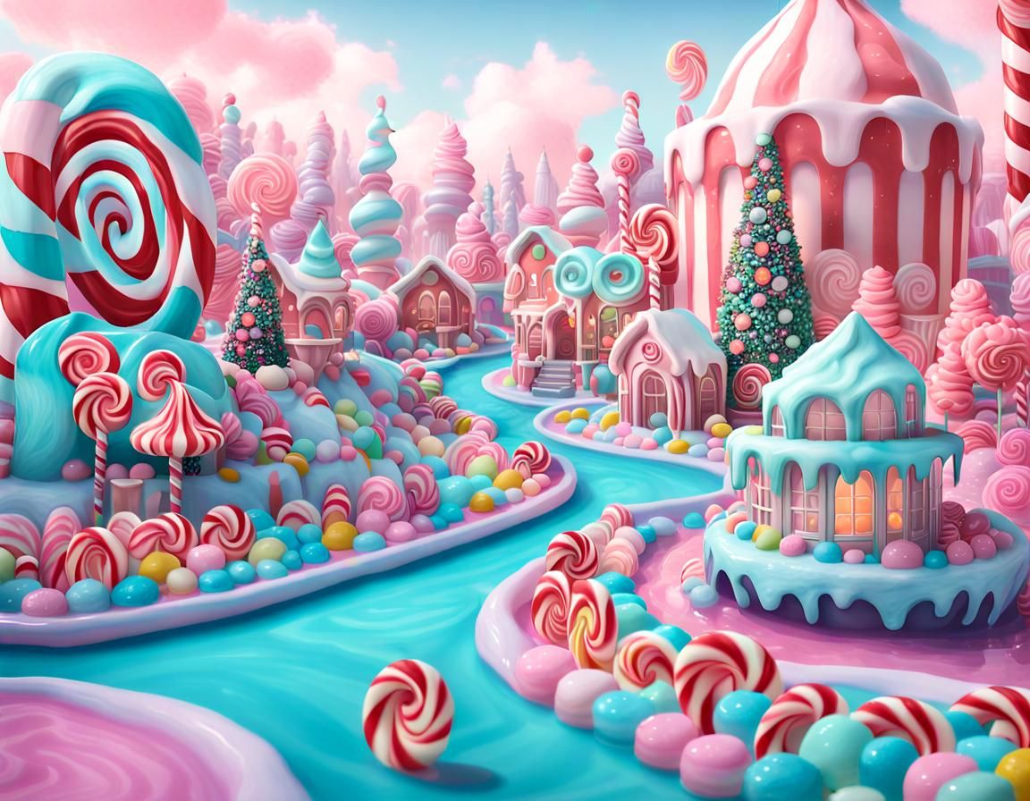 Candyland City with Chocolate Fountain: Digital Painting