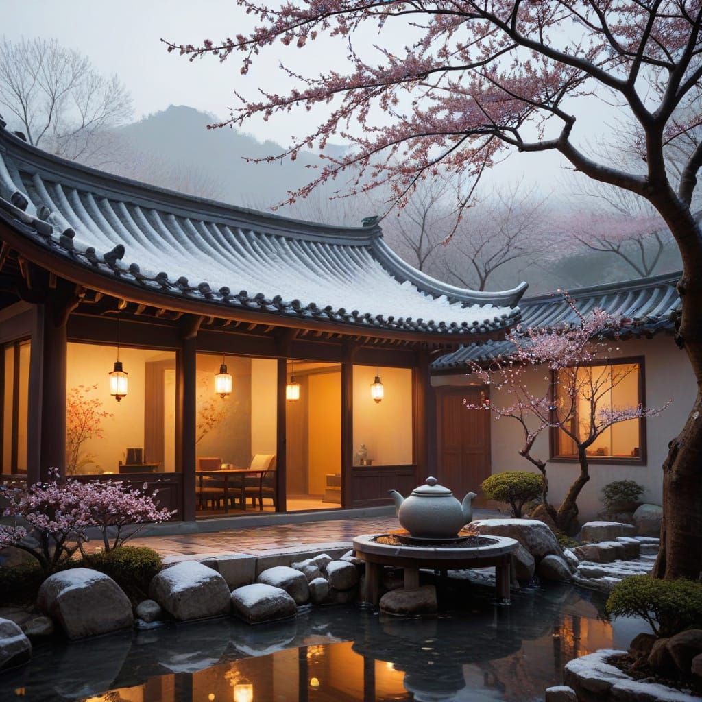 Serene Xianxia Courtyard House in Winter Wonderland