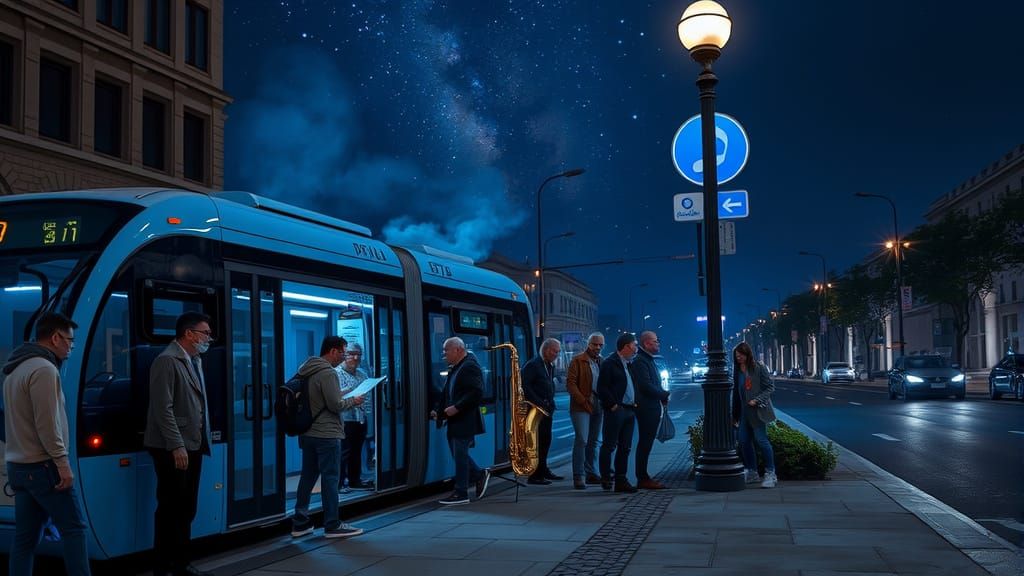 Astronaut at City Bus Stop Under Milky Way