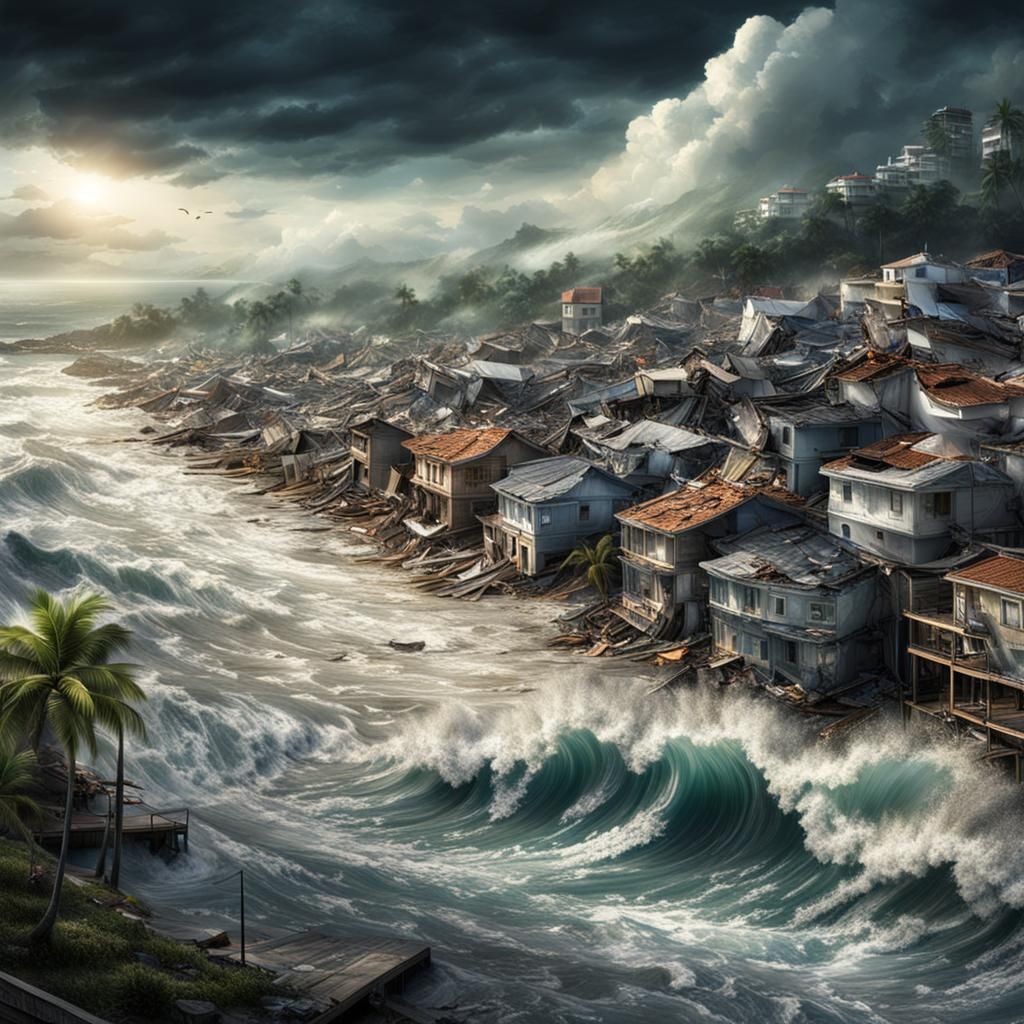 Tsunami Devastates Coastal Town in Hyperrealistic Detail