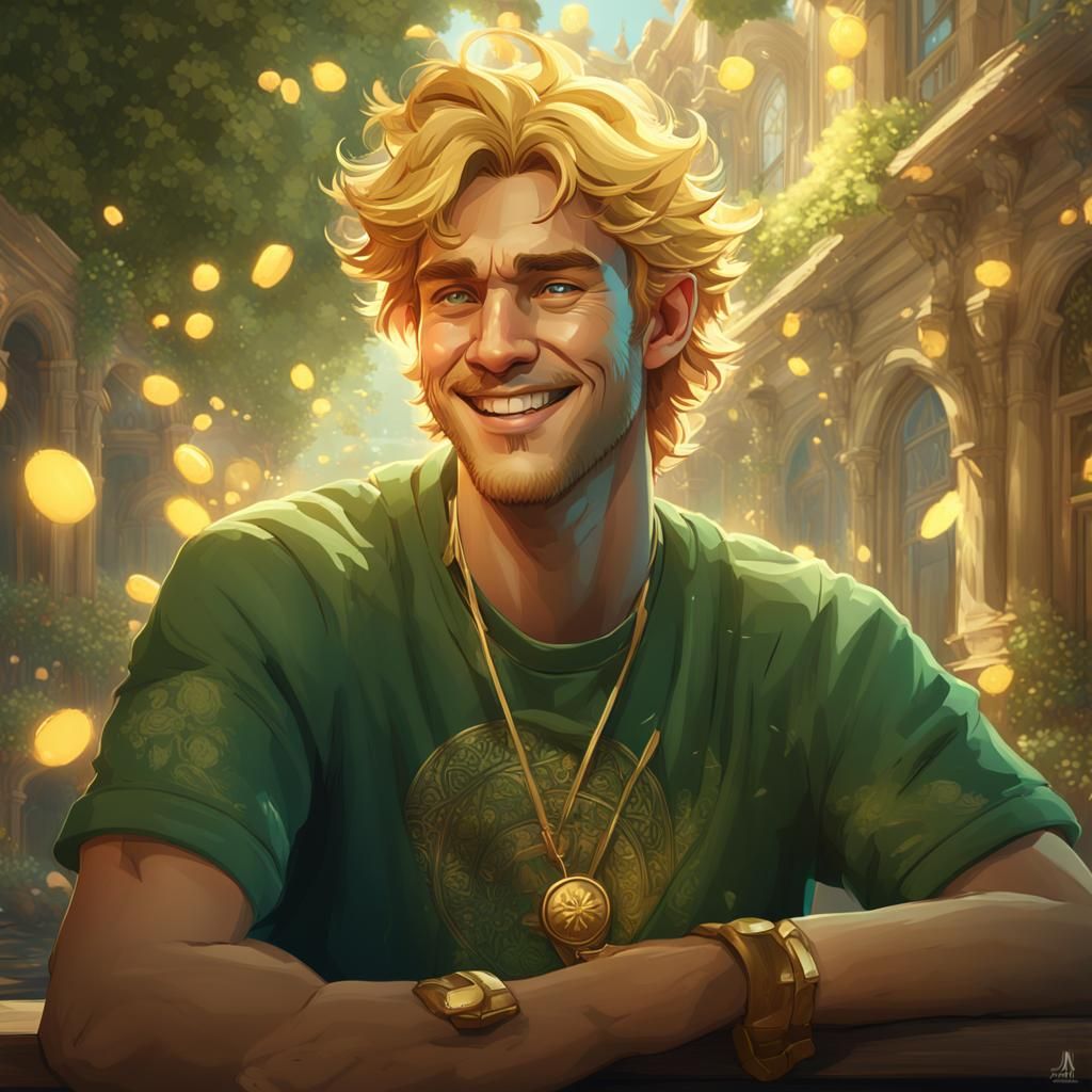 Smiling Golden-Haired Man in Green Shirt