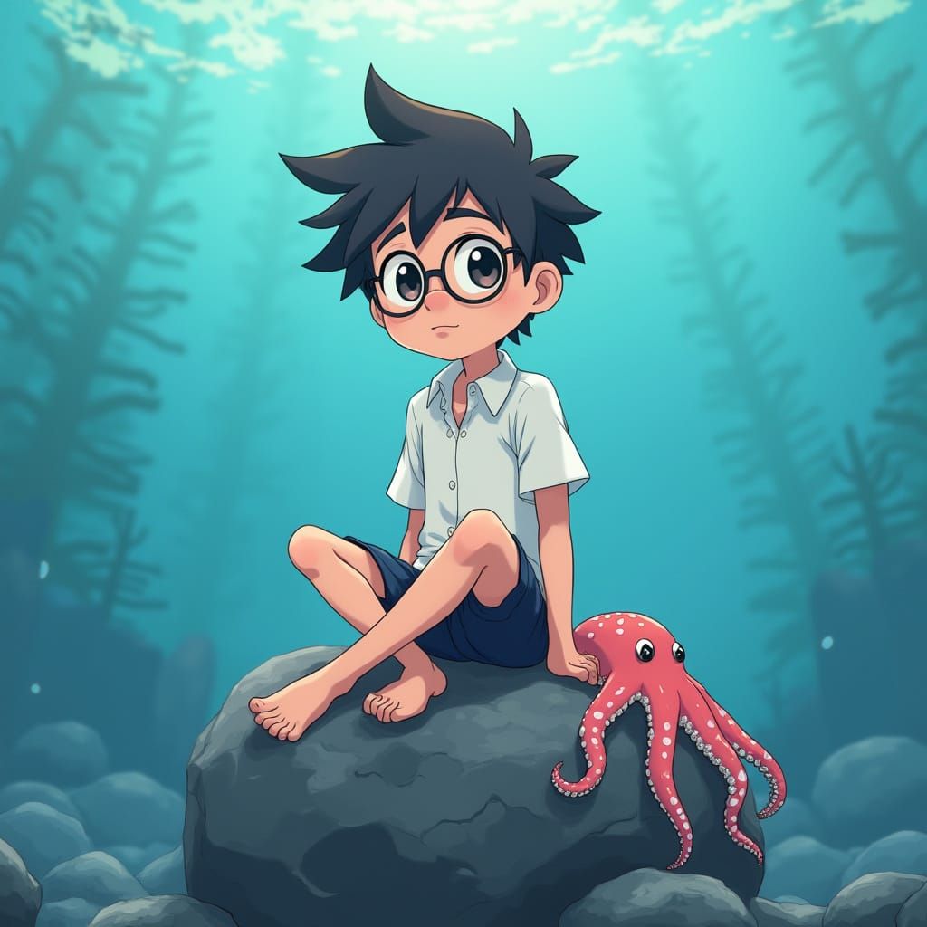 Boy with Octopus Legs in Ghibli Anime Style