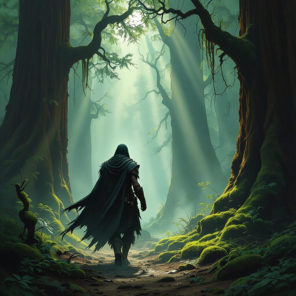 Lone Warrior in Ethereal Redwood Forest