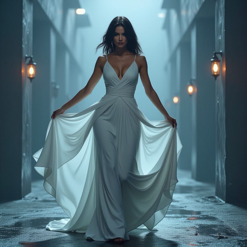 Woman in White Gown Against Dark Backdrop