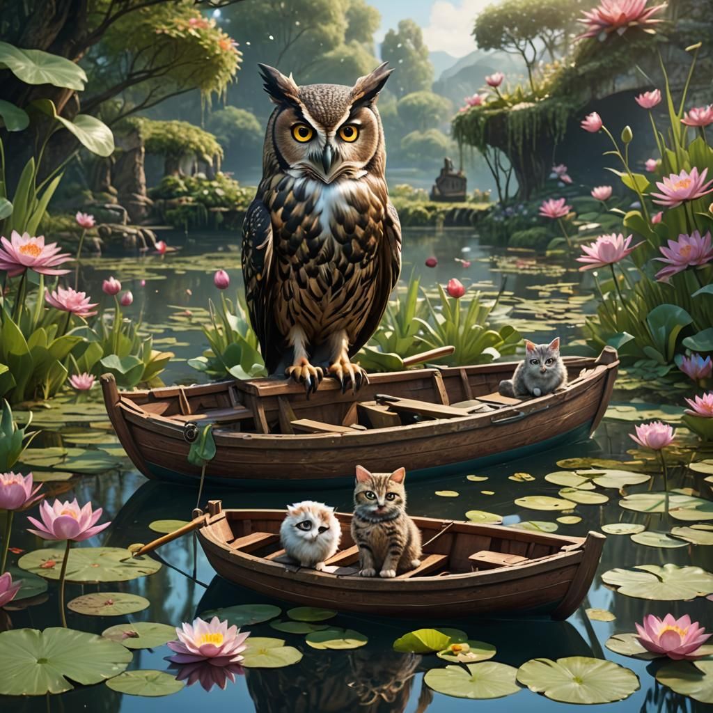 Owl and Kitten Fishing: Fantasy Concept Art