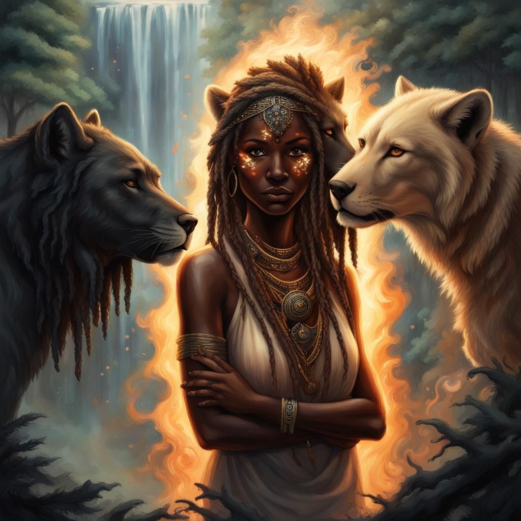 Lioness Woman in Forest with Wolves and Fireflies
