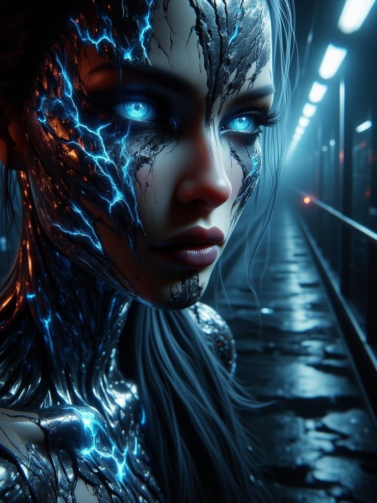 Cyberpunk Cyborg Weeps in Futuristic Subway Station
