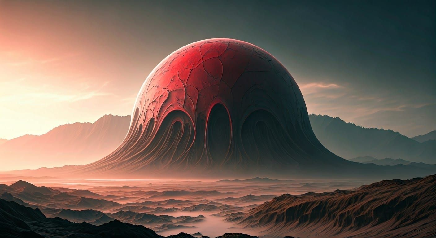 Red Organic Dome Over Foggy Crater
