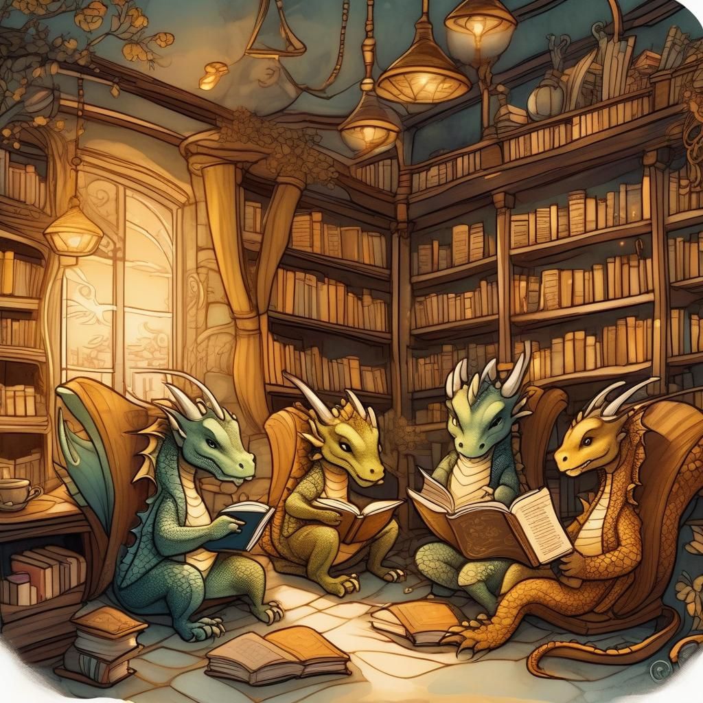 Dragons Reading in Library: Storybook Illustration