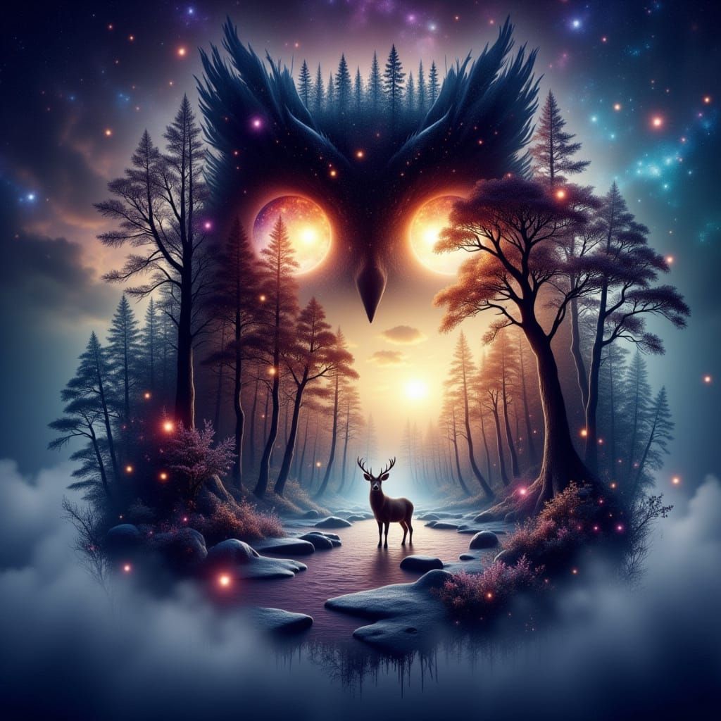 Double Exposure Masterpiece with Owl Silhouette and Majestic...