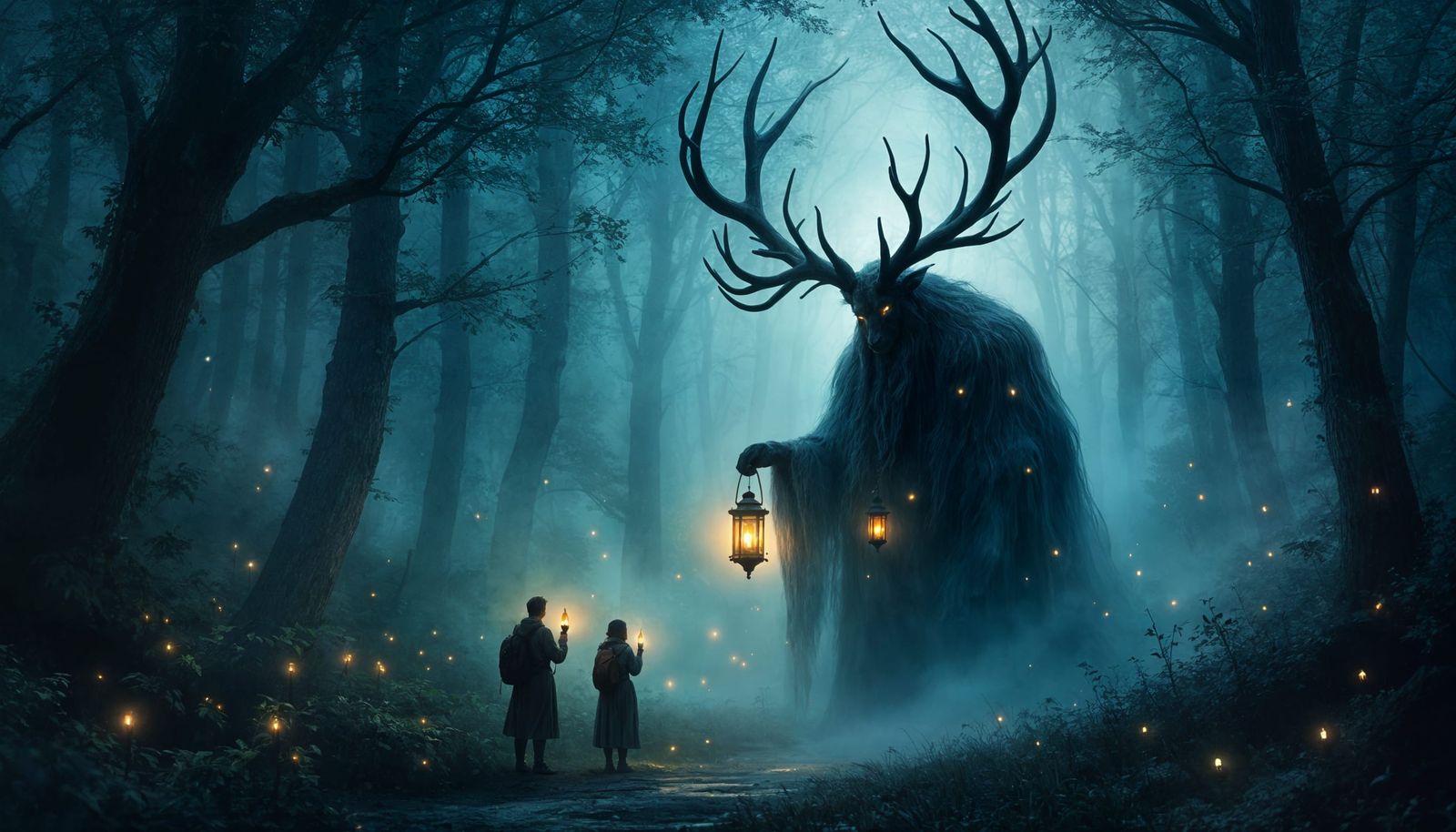 Antlered Giant Lights Forest: Impressionistic Style
