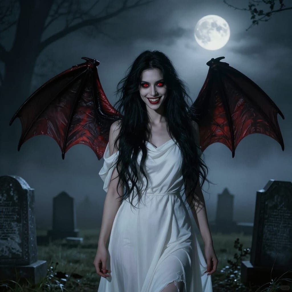 Gothic Vampire Woman in Misty Cemetery