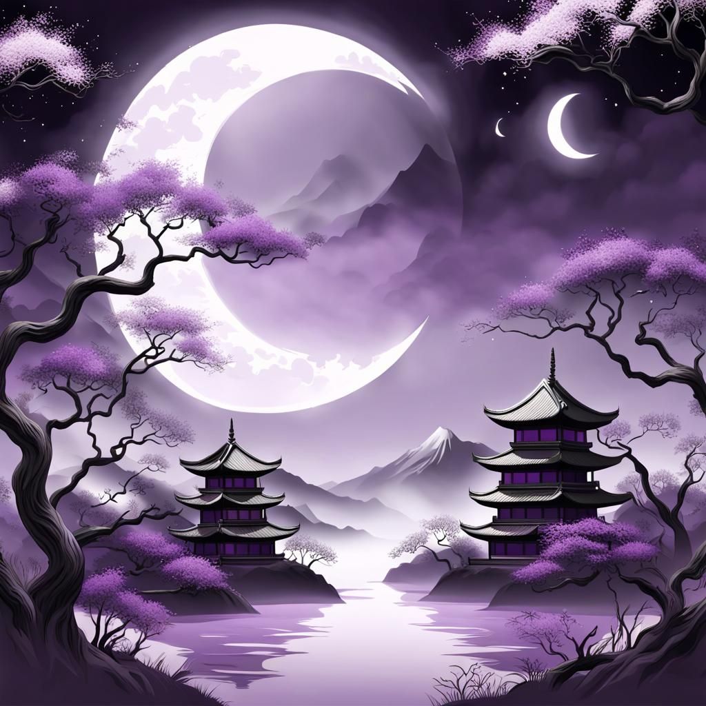 Asian Design with Moon in Purple, White and Black