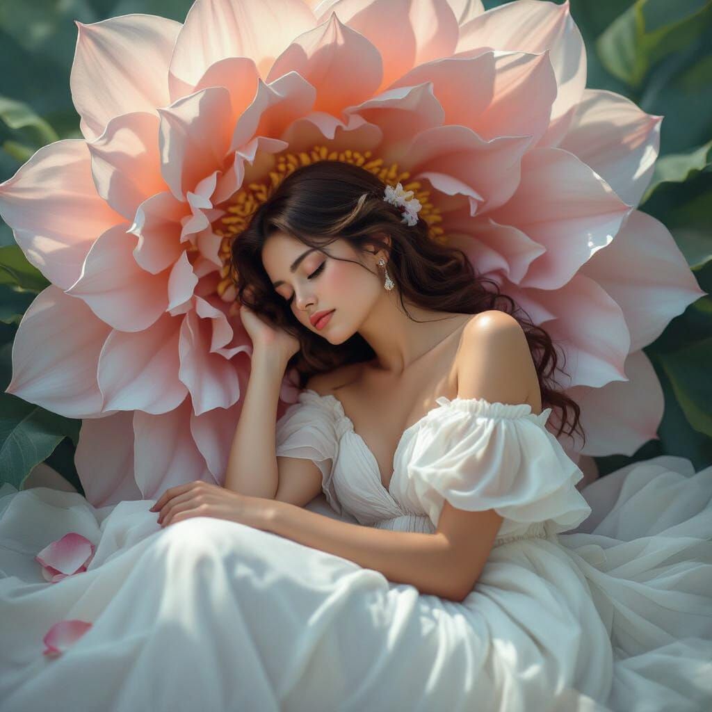 Dreamy Woman Asleep in Flower, Ethereal Art