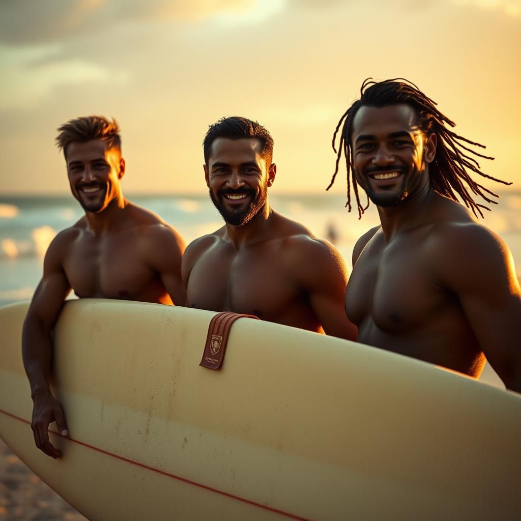 Surfers on Warm Beach at Golden Hour