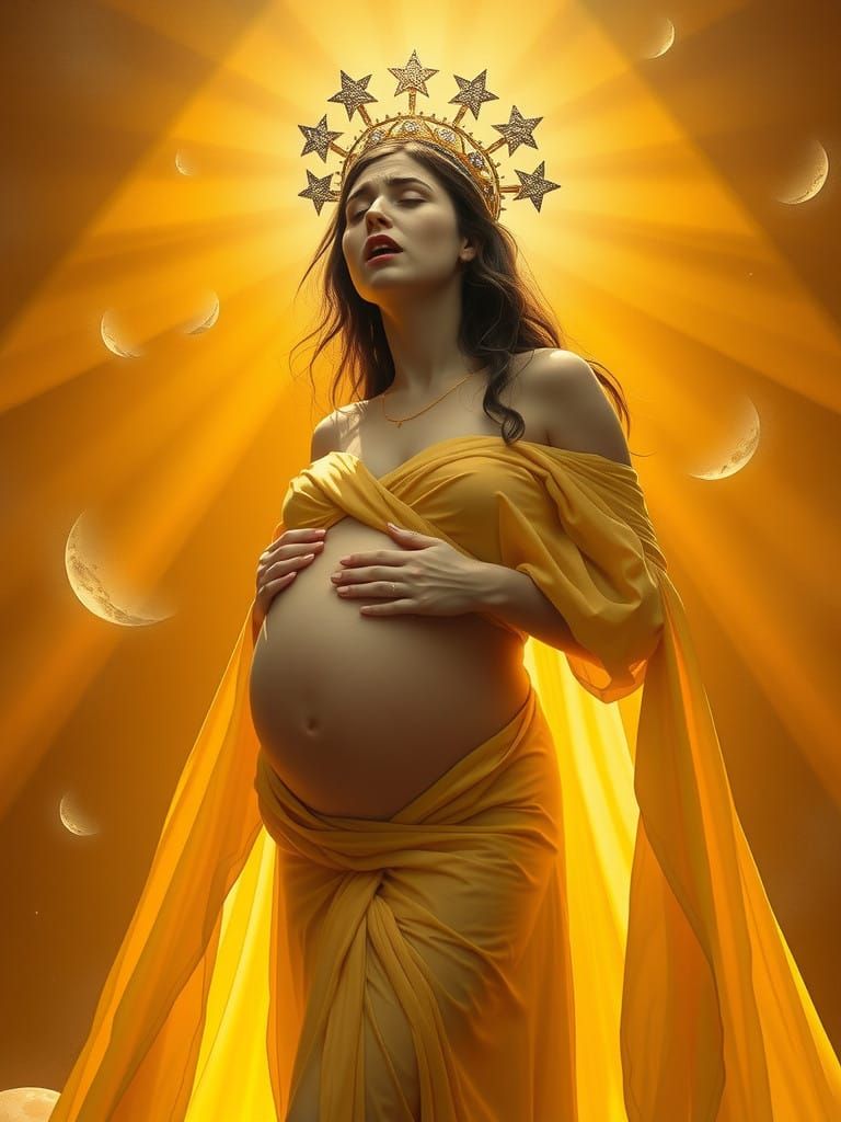 Radiant Goddess in Solar Robes, Surrounded by Soft Moonlight...