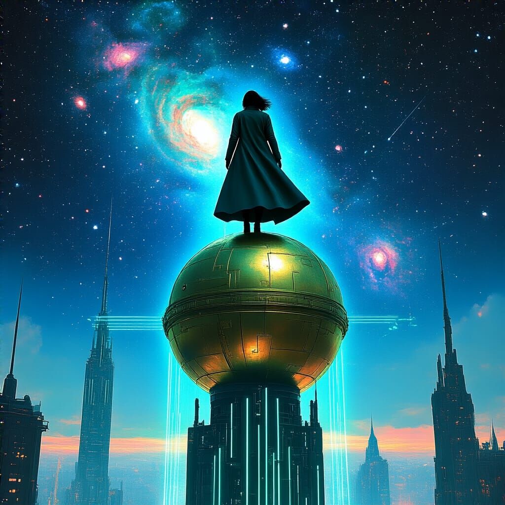 Teslapunk Woman on Metropolis Skyscraper