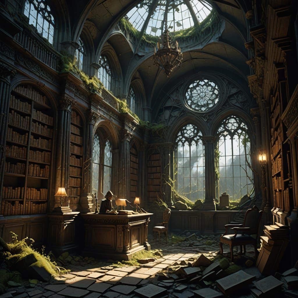 Spectral Librarian in Ancient Crumbling Library