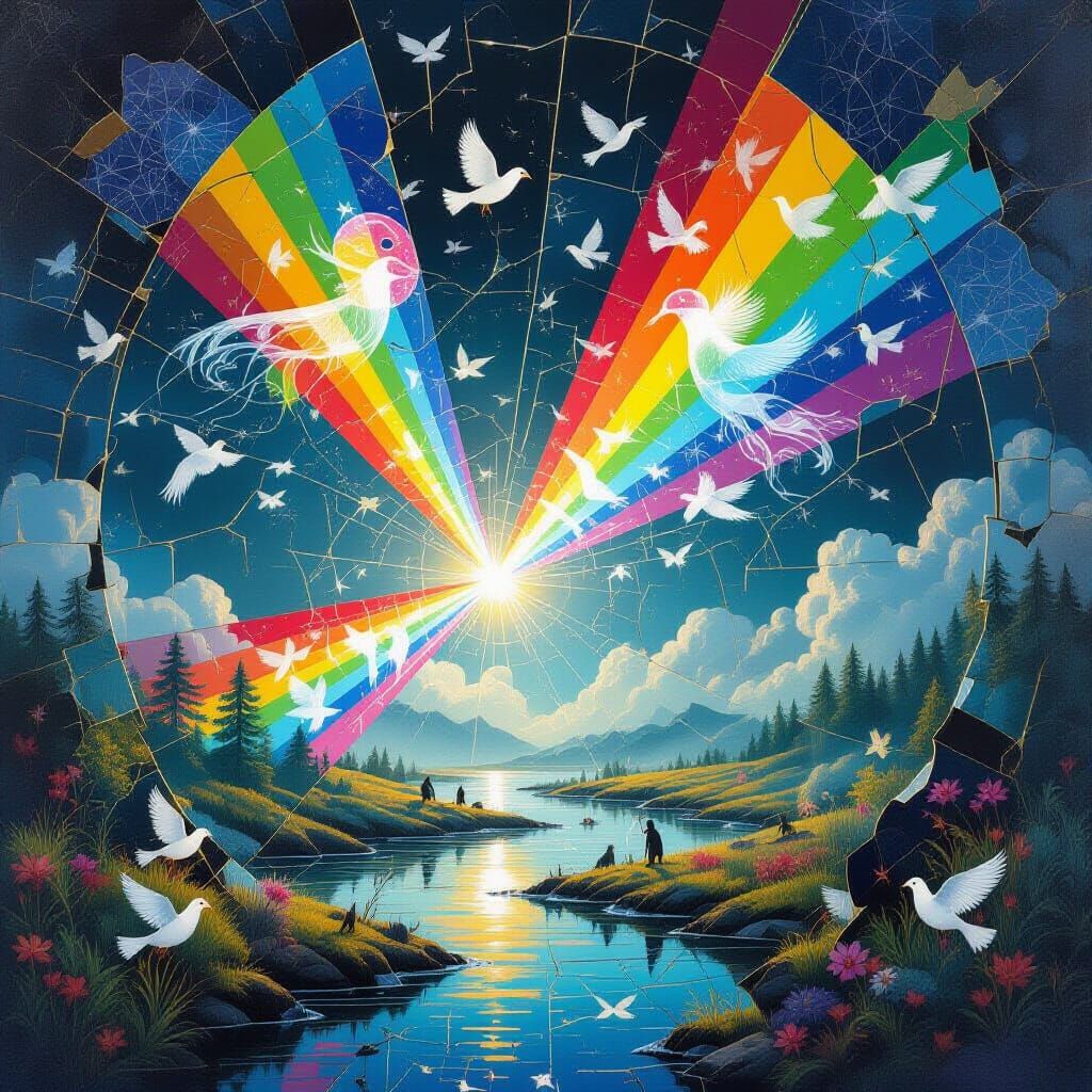 Surreal Dreamlike Collage with Rainbow Prism Light