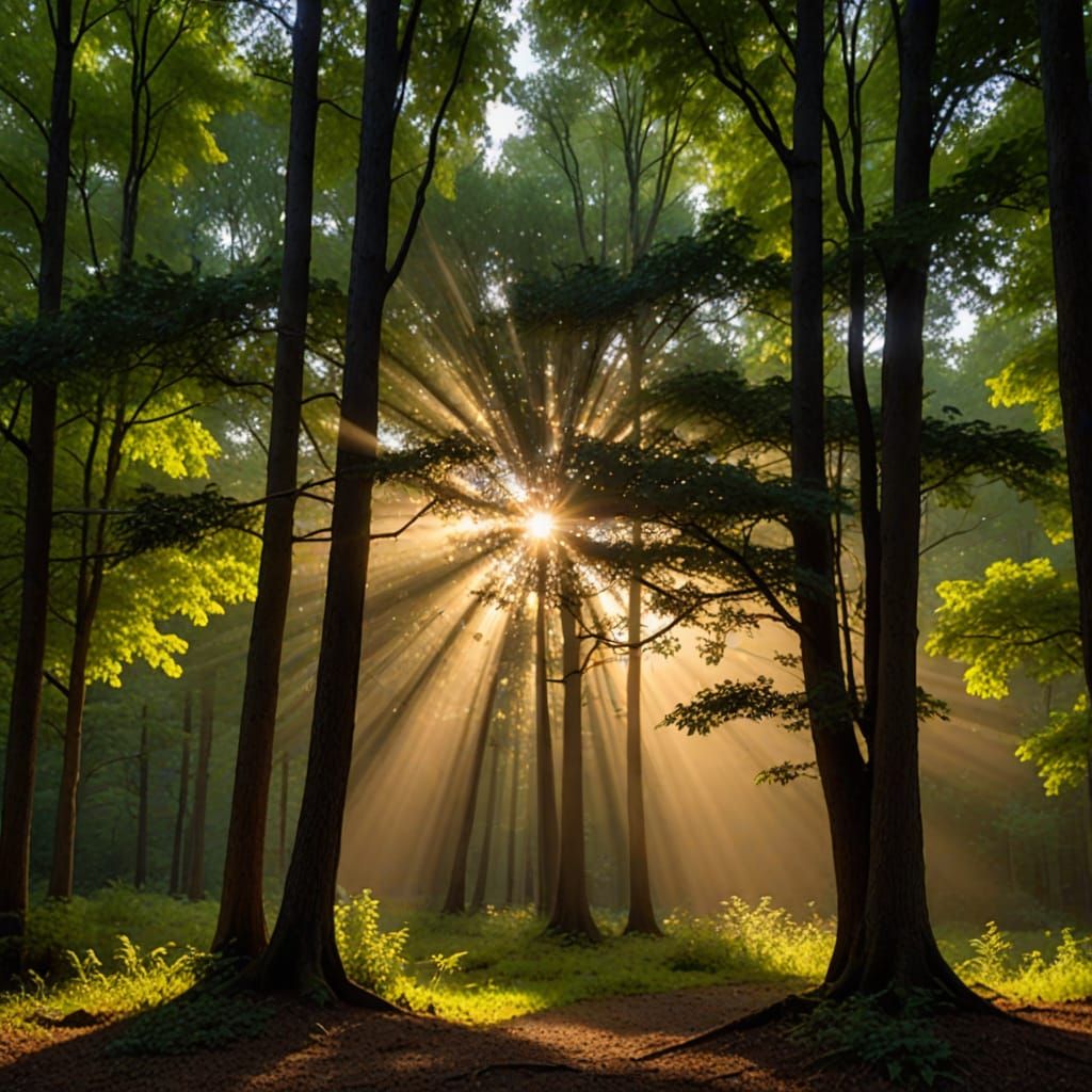 Crepuscular Rays Through Forest Canopy