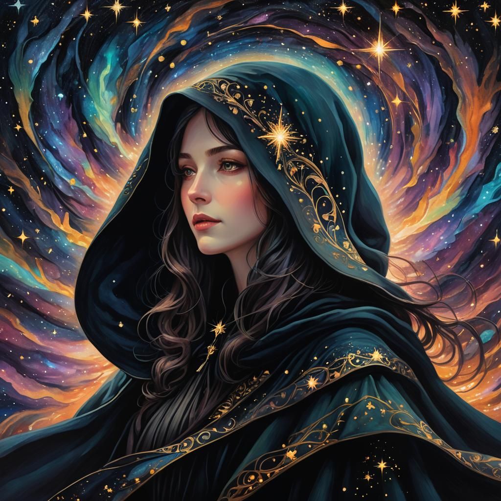 Mysterious Woman in Starry Night Sky, Art Nouveau Style