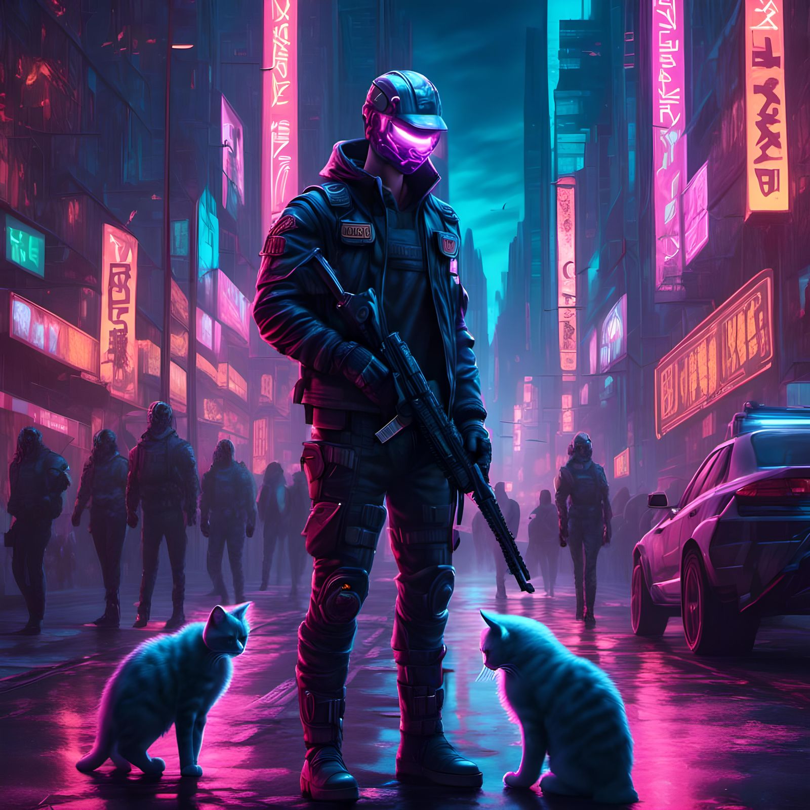 Neon Cyberpunk Knight Portrait with Kitten