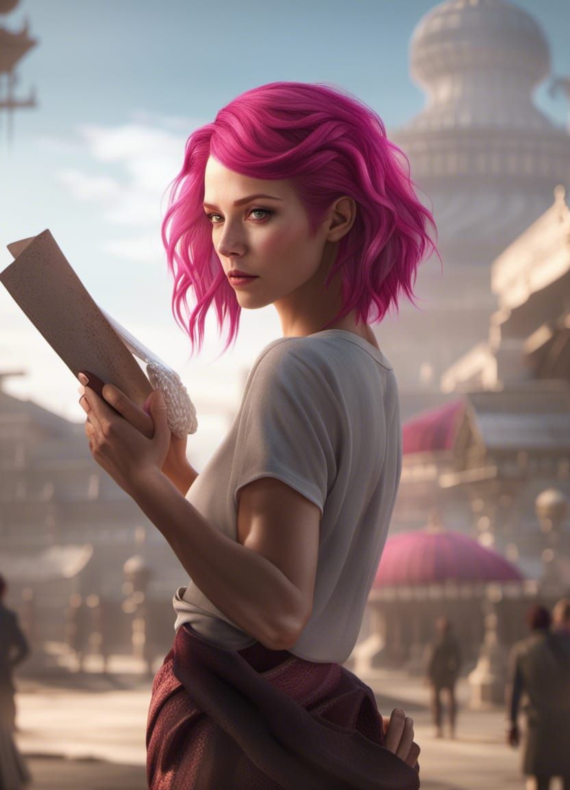 Magenta-Haired Woman Distributing Prompts: Matte Painting