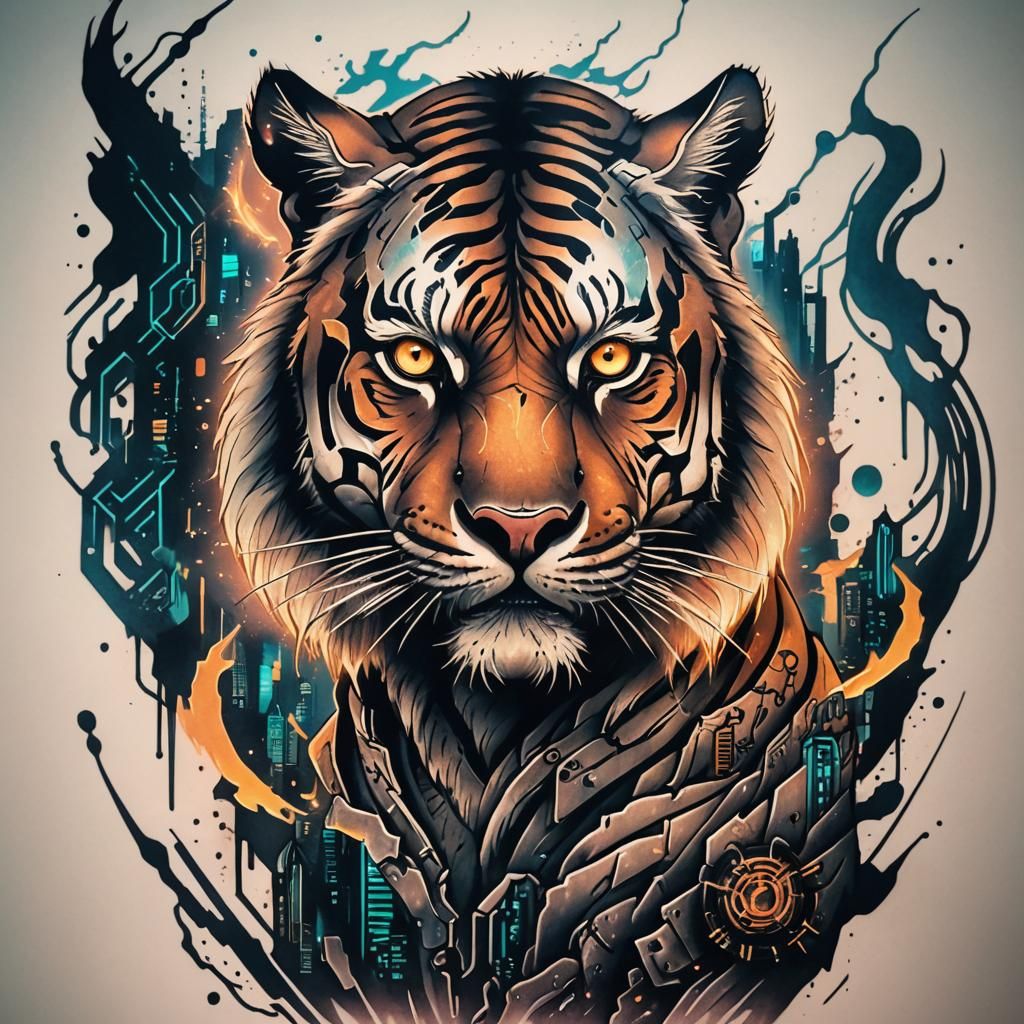 Cyberpunk Tiger Tattoo with Glowing Ink