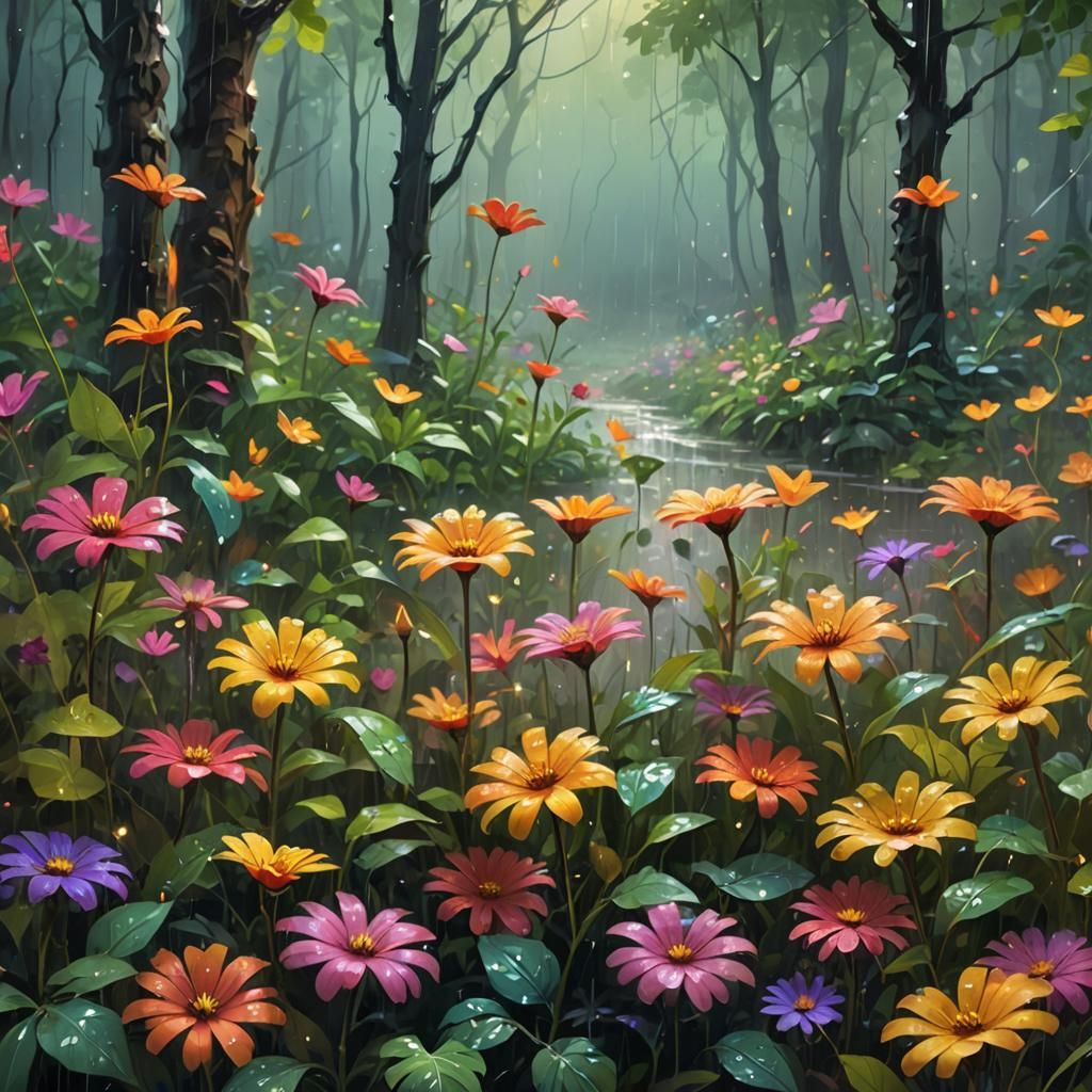 Mystical Forest Flowers in Rain: Oil Painting