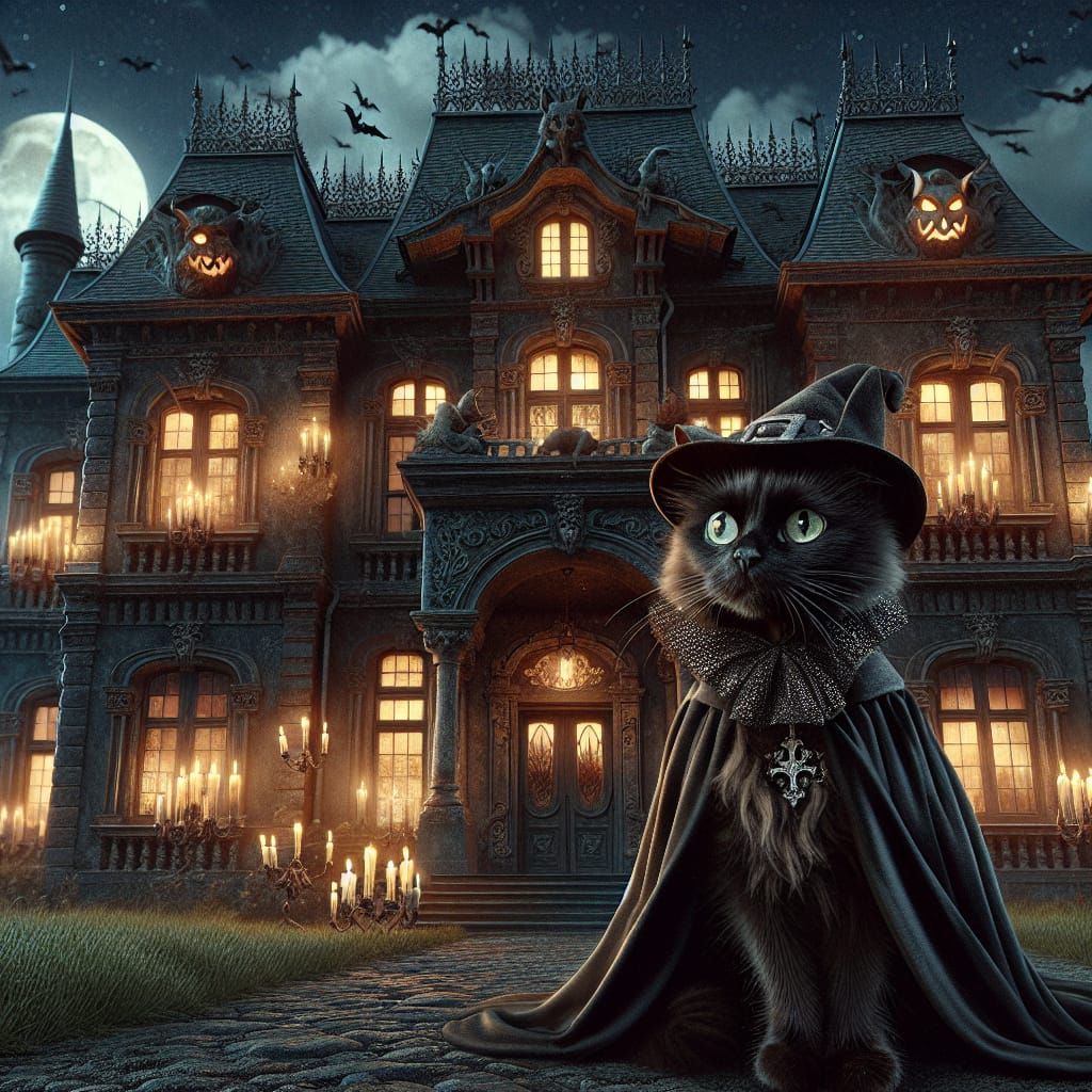 Whimsical Horror: Cat at Haunted House